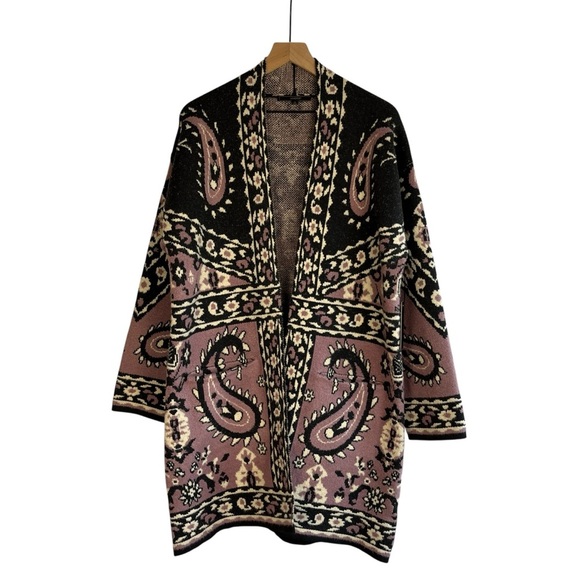 MAXSPORT Women's Longline Mauve Pink Black Paisley Knit Cardigan Sweater M - Picture 1 of 10